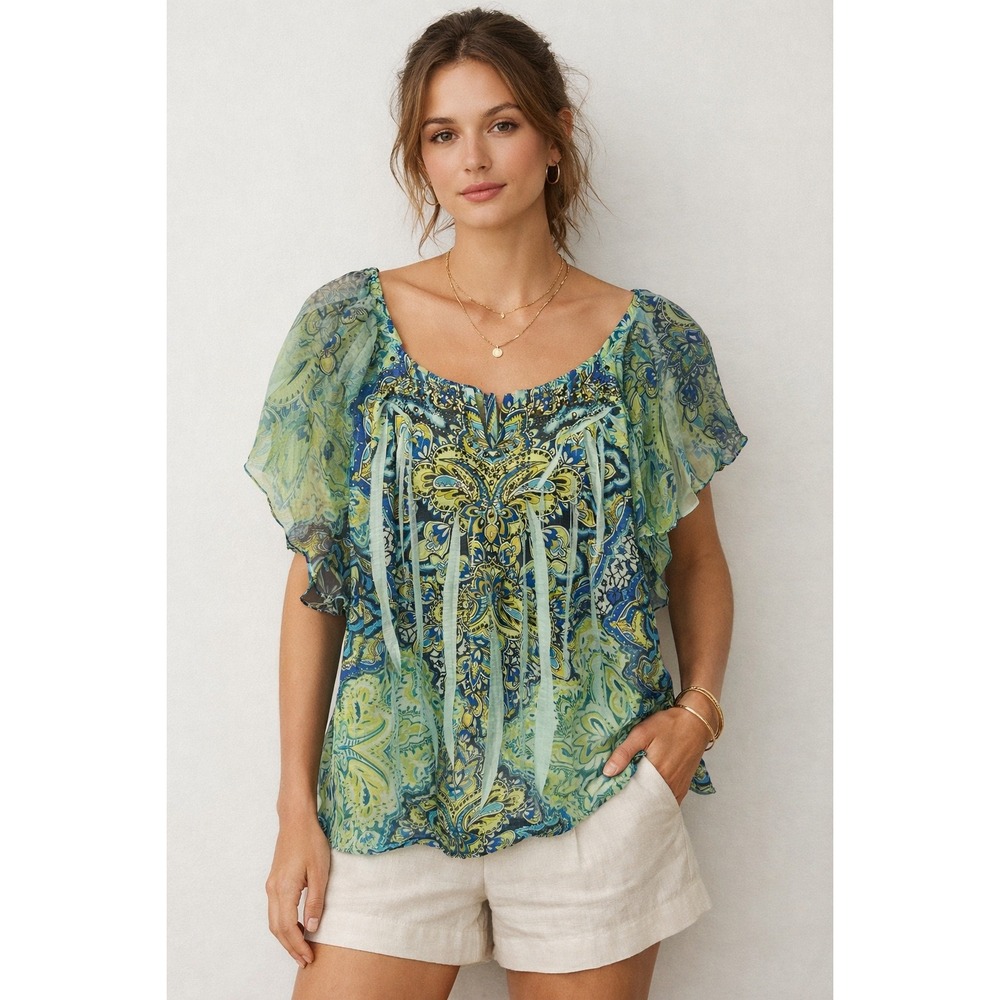 Apt. 9 Womens 1X Paisley Studded Flutter Sleeve Boho Blouse Teal Green Blue